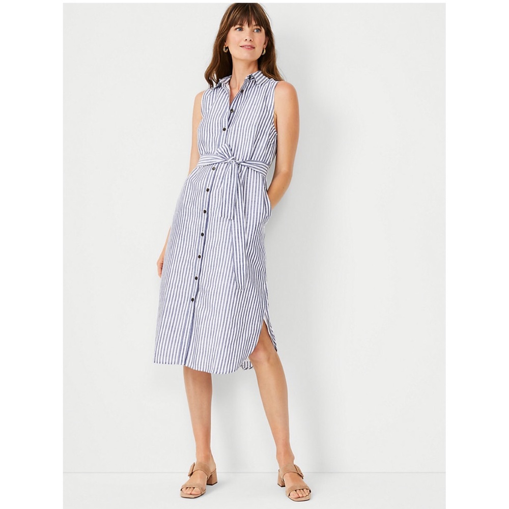 Ann Taylor Blue and White striped belted dress.